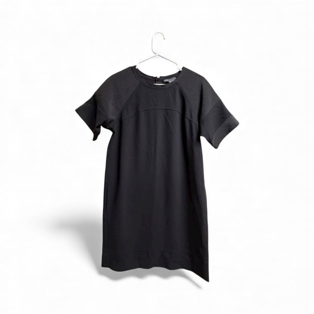 Vince Black Short Sleeve Shift Dress Size S 34” Length Quilted Shoulder Detail